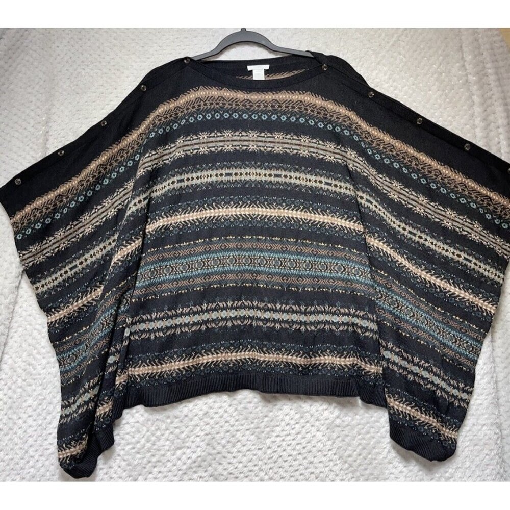J. Jill Fair Isle Poncho‎ Sweater Women OS Black Cottagecore Oversized Kimono